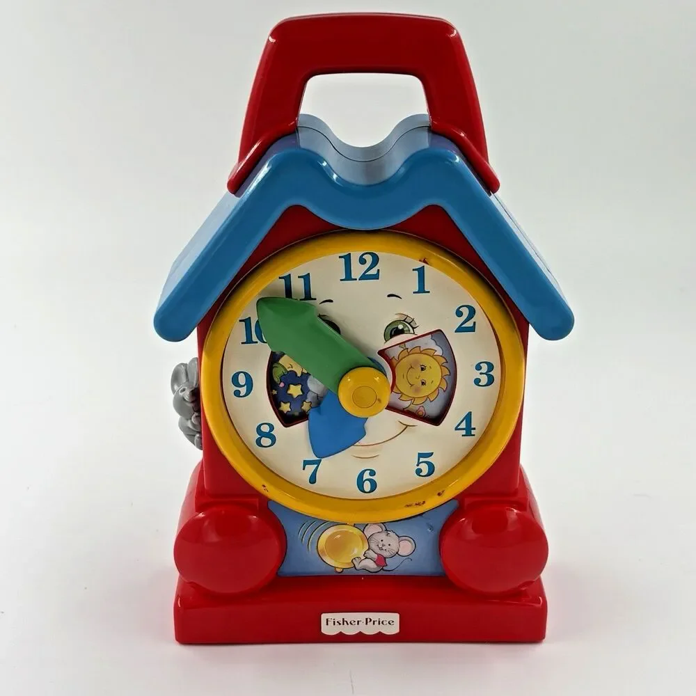 Vintage Fisher Price 1994 Wind-Up Music Teaching Clock Toy Red Blue Works